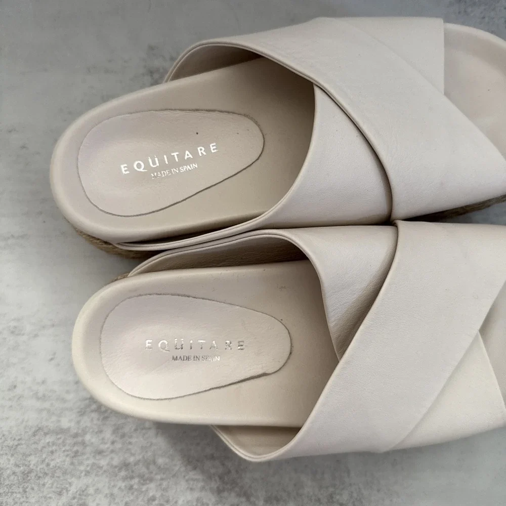 Equitare Platform Sandals Womens 8.5 Beige Espadrille Wedge Slides Spain
